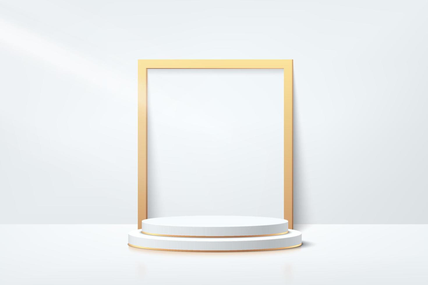 White, gold geometric pedestal podium with luxury golden square frame. vector