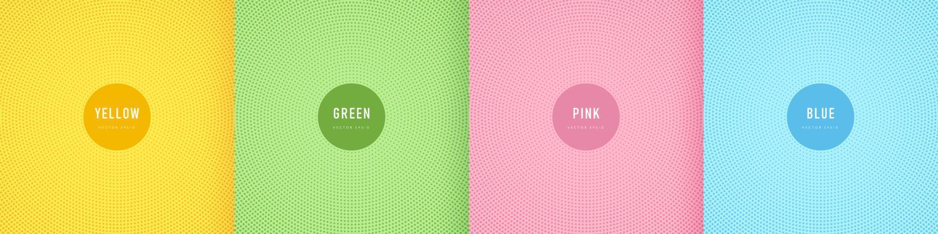 Set of abstract radial dots lines on pink, blue, green, yellow. vector