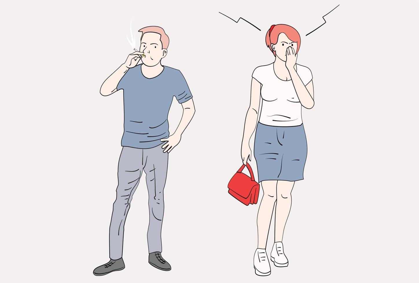 hombres que fuman en lugares públicos. una mujer que se tapa la nariz por el humo del cigarrillo. ilustraciones de diseño de vectores de estilo dibujado a mano.
