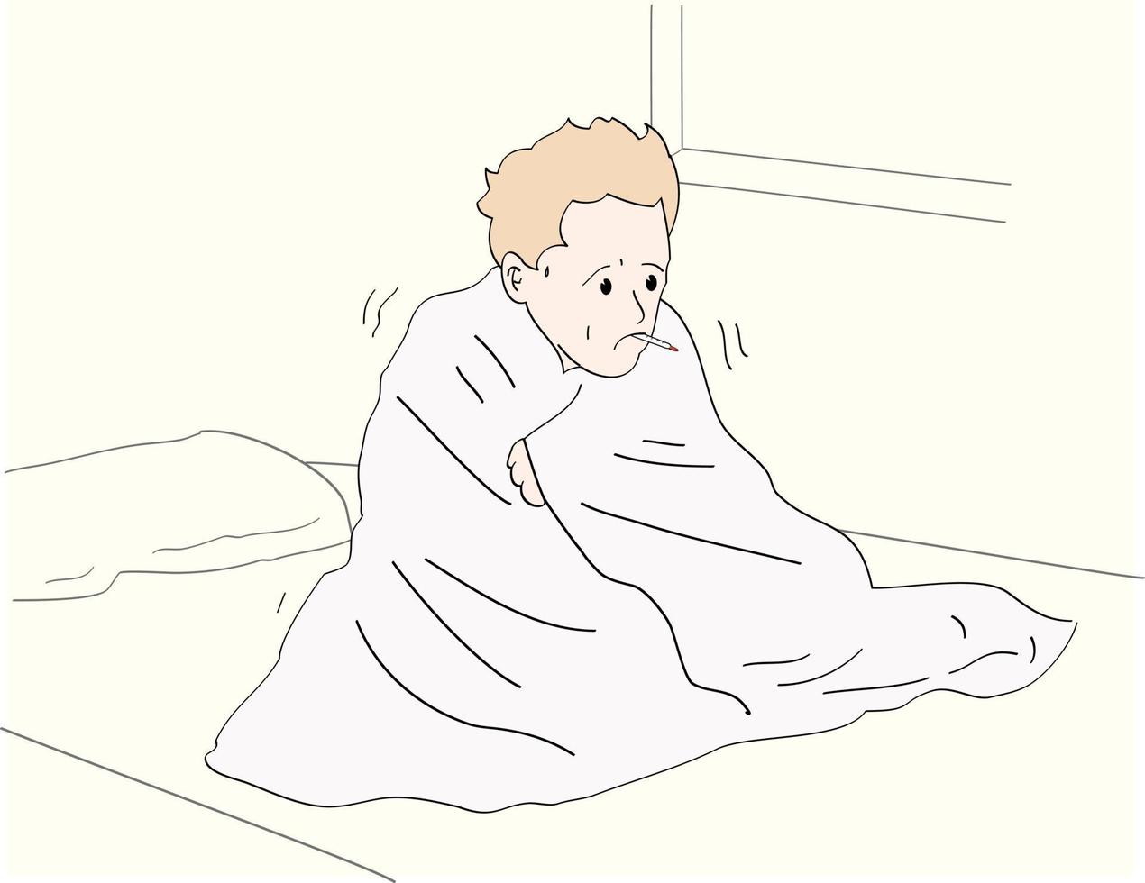 hombre que sufre de gripe en la cama debajo de una manta. vector