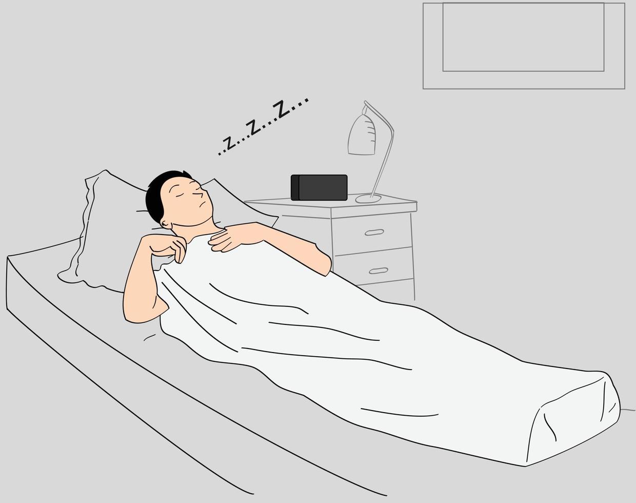 Ilustración de un hombre durmiendo dentro de su habitación. vector