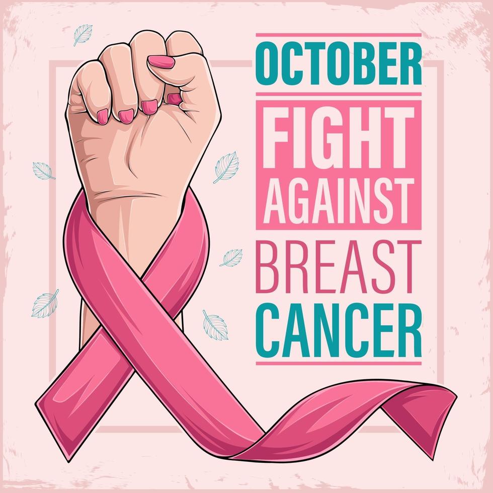 cartel del mes de concientización sobre el cáncer de mama con mano de mujer y cinta rosa vector