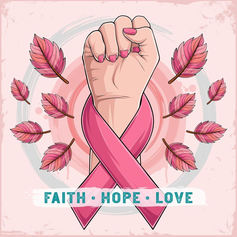 Breast cancer awareness month poster with woman hand and pink ribbon vector