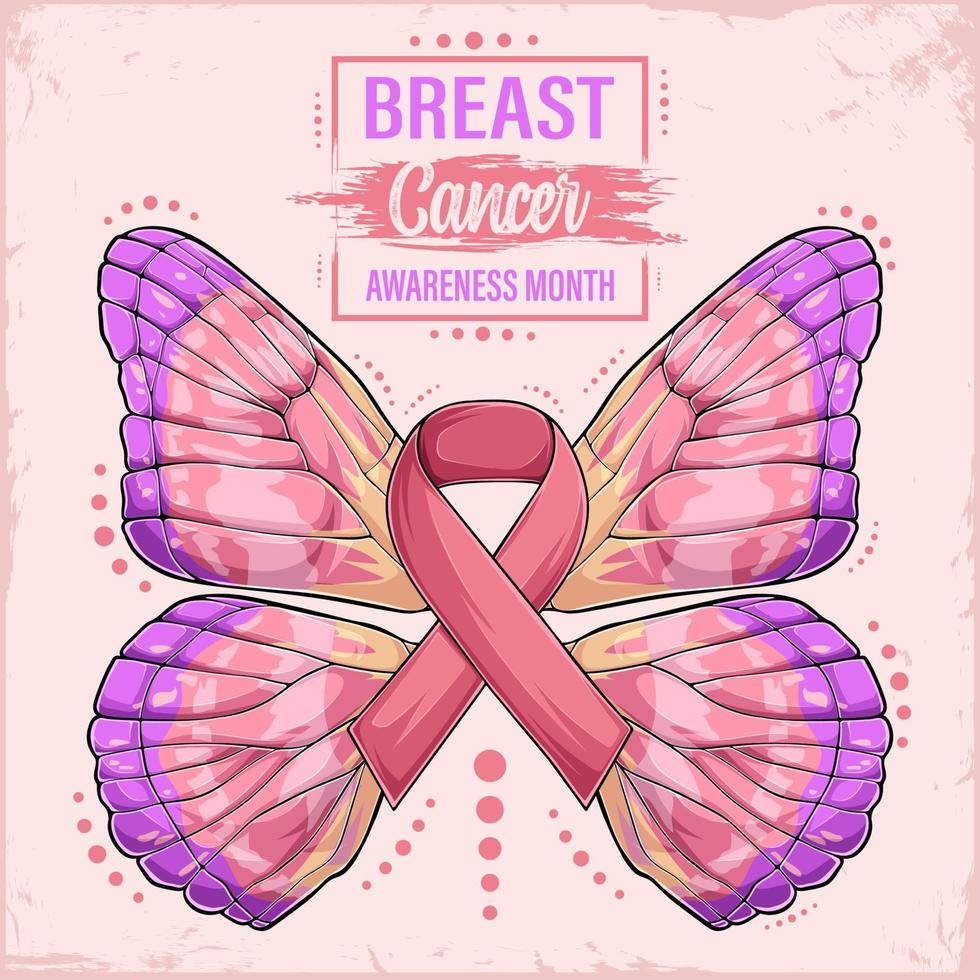 cinta rosa con alas de mariposa concepto del mes de concientización sobre el cáncer de mama vector