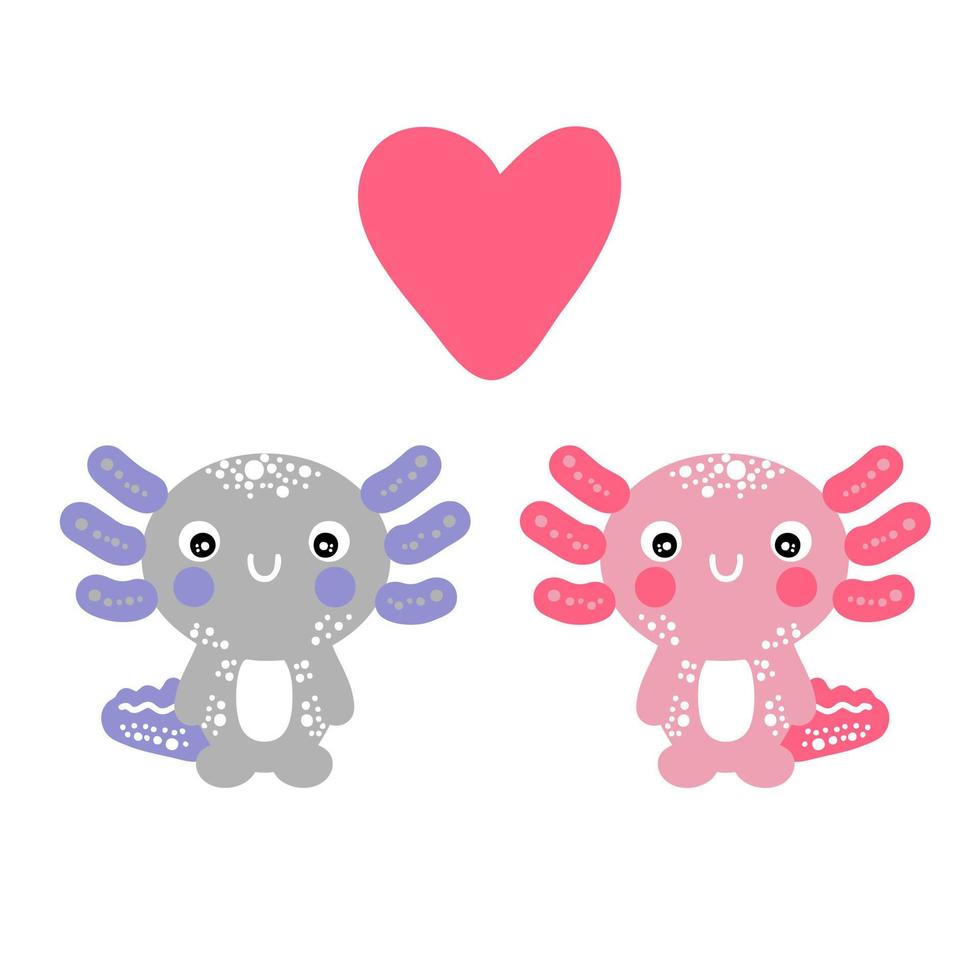 Hand drawn two cute axolotls with heart. vector