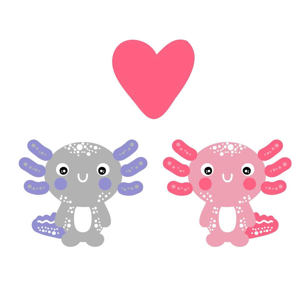 dibujado a mano dos lindos axolotl con corazón. vector