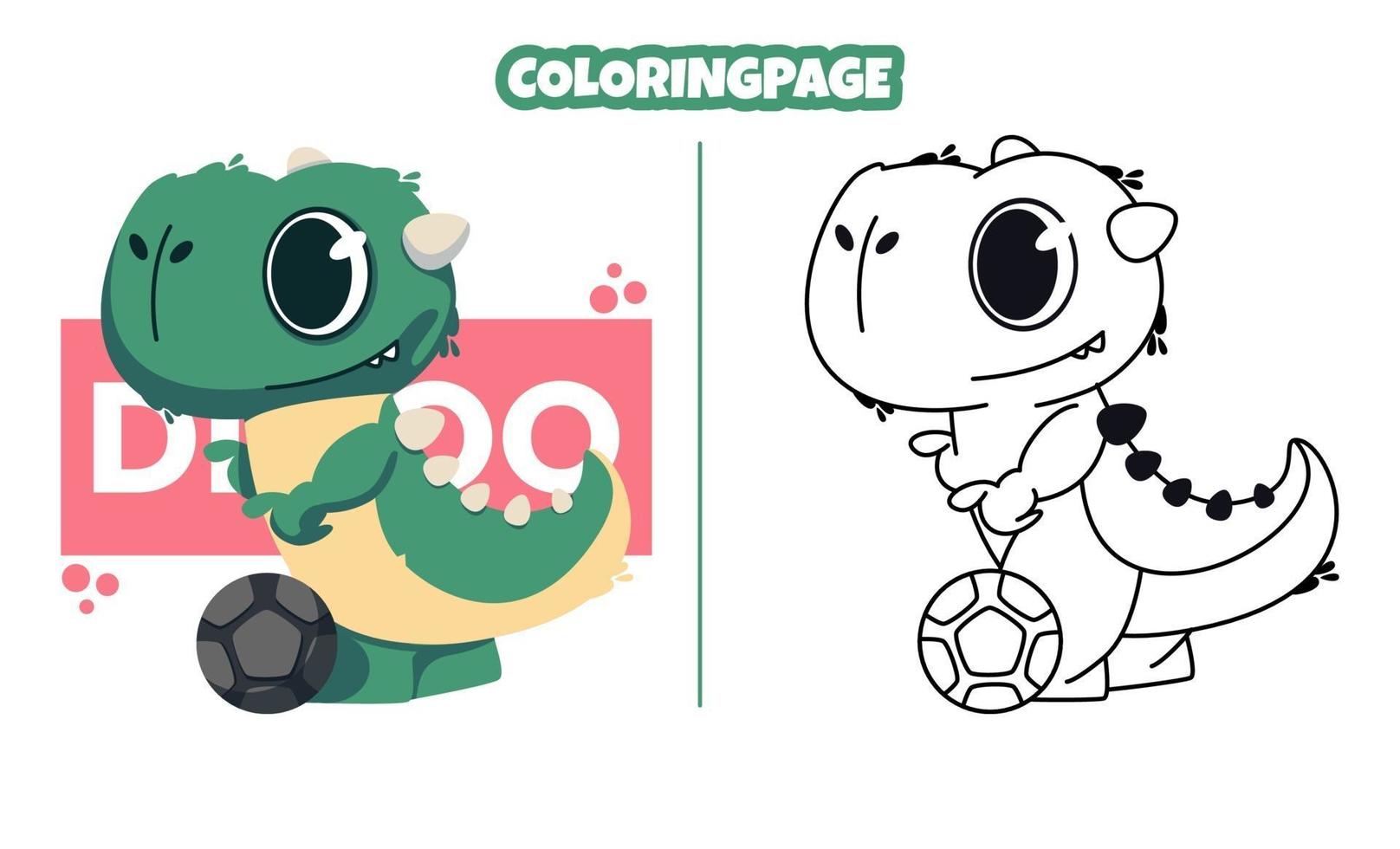 lindo dinosaurio jugando a la pelota con páginas para colorear vector