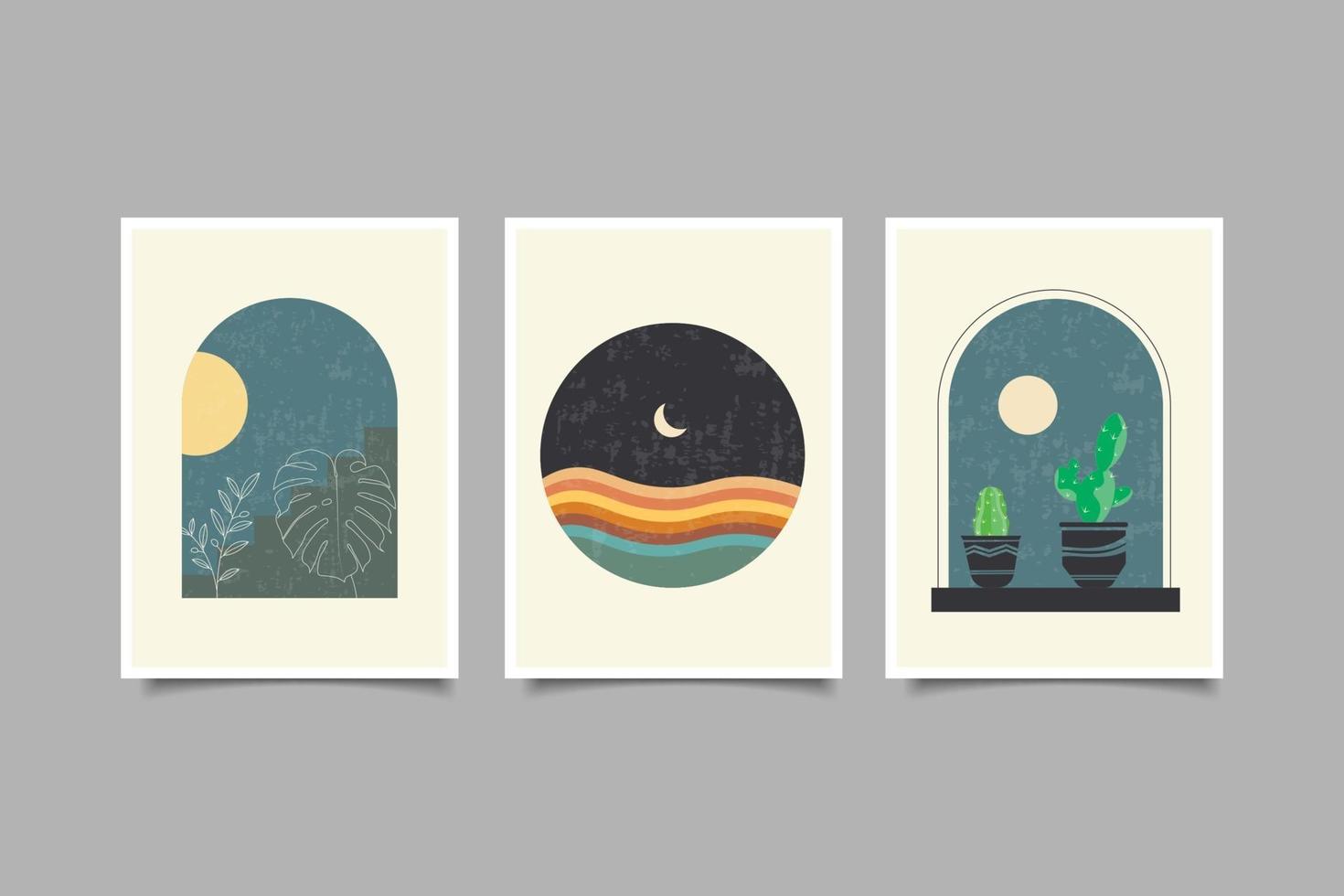 set of abstract contemporary boho landscape wall art vector
