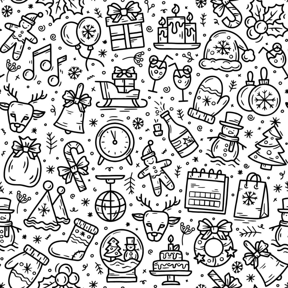 New Year and Christmas seamless pattern in doodle sketch style vector