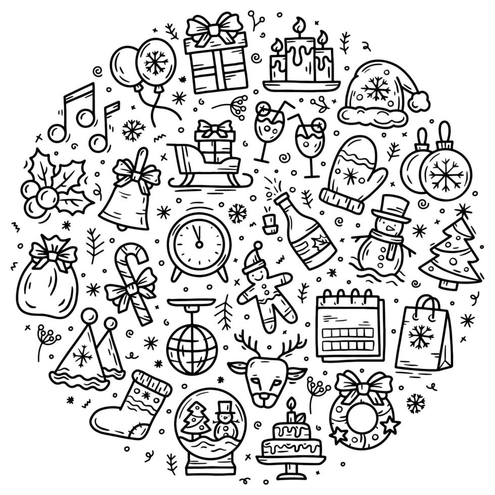 New Year and Christmas set of vector icons in doodle sketch style