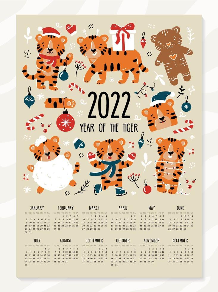 New Year and Christmas calendar for 2022 with funny tigers vector