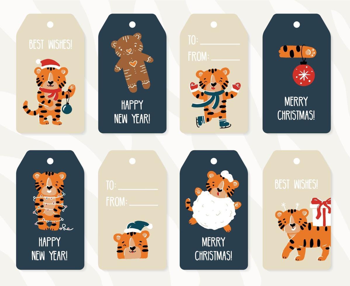 etiquetas de papel de regalo de año nuevo y navidad y etiquetas con tigres vector