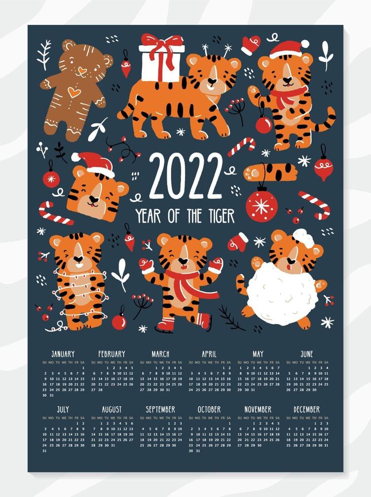 New Year And Christmas Calendar For 2022 With Funny Tigers 3462624 Vector Art At Vecteezy