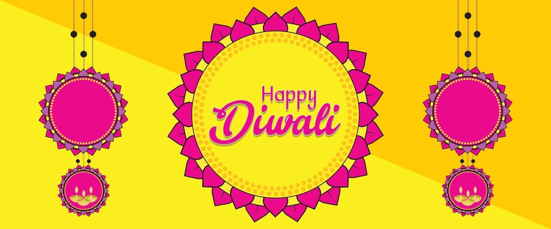 Happy Diwali greetings on yellow background with decorative elements vector