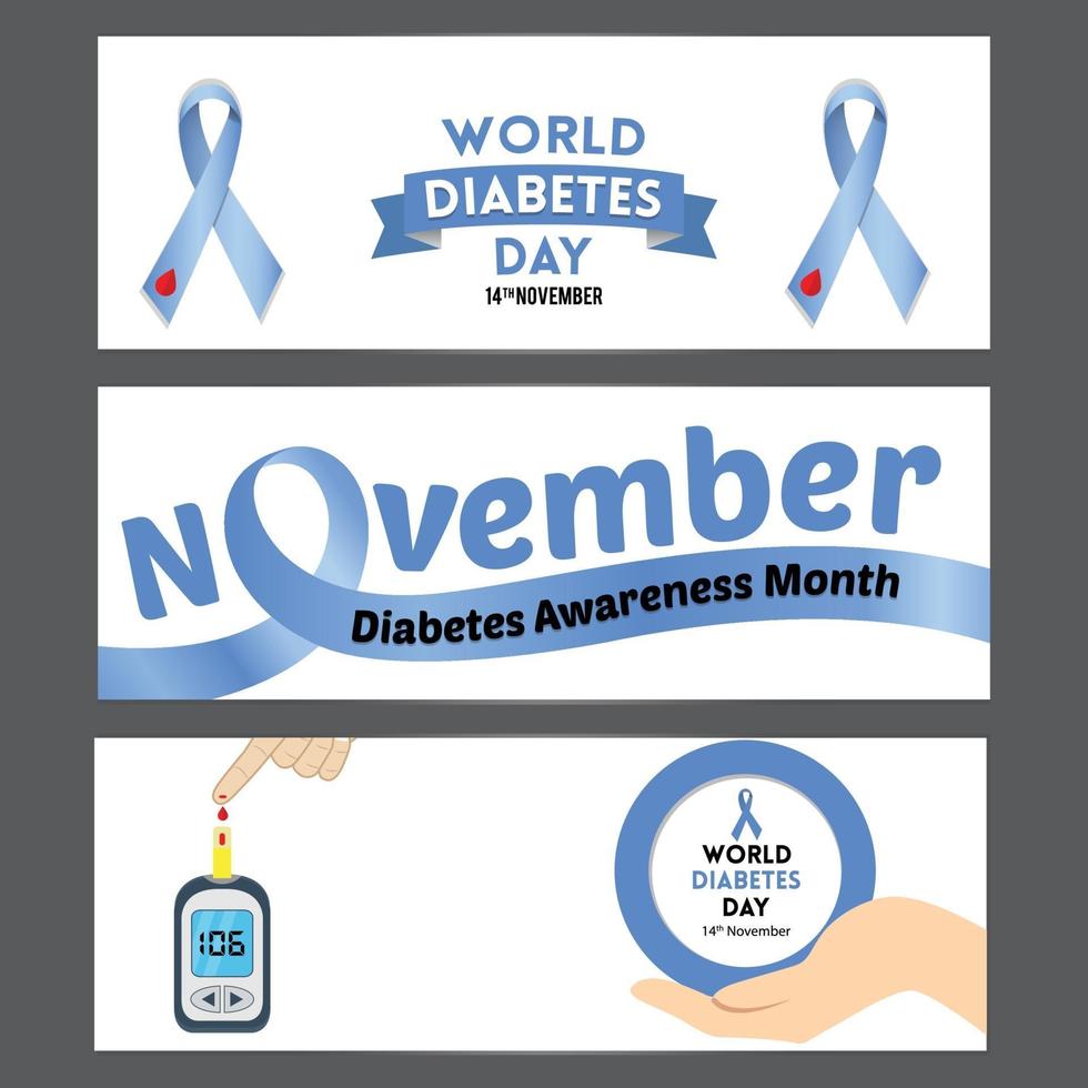 World diabetes day awareness banner set with blue ribbon vector