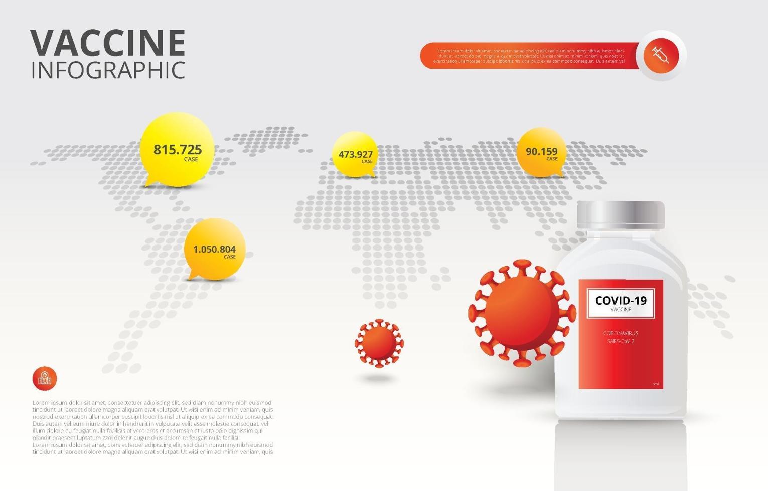 Vaccine Infographic Covid-19 and Global Map with Case Number as Background vector