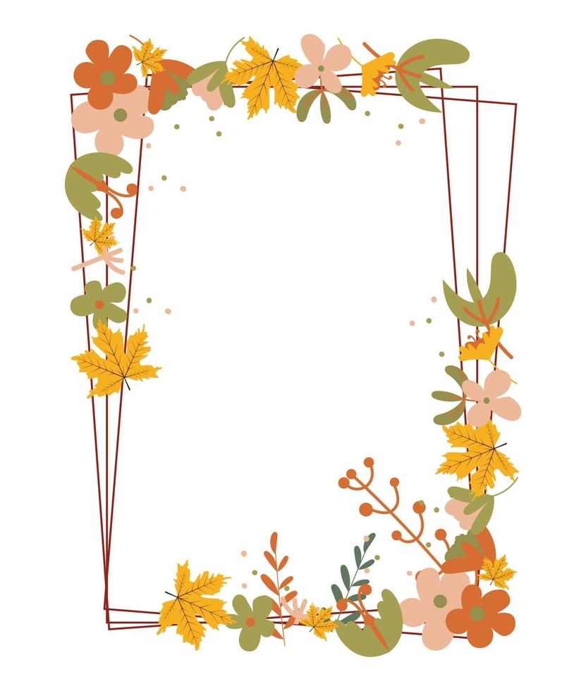 Autumn frame with autumn leaves and floral elements in fall colors. vector