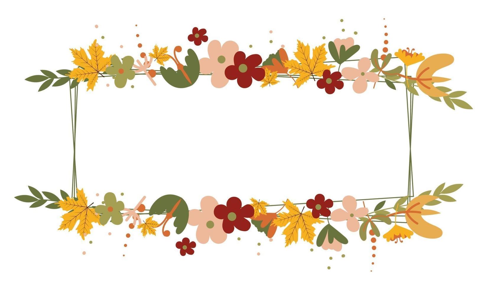 Autumn frame with autumn leaves and floral elements in fall colors. vector