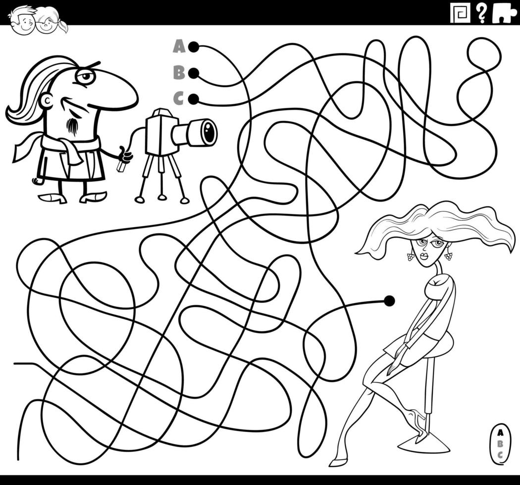 maze with photographer and model girl coloring book page vector