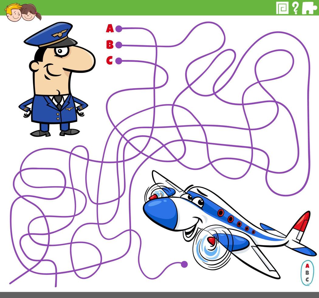 educational maze game with cartoon pilot and plane vector