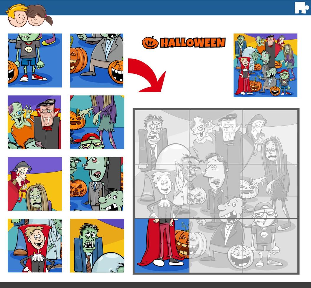 jigsaw puzzle game for kids with Halloween characters vector