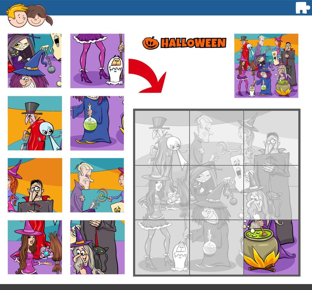 jigsaw puzzle game with spooky Halloween characters vector