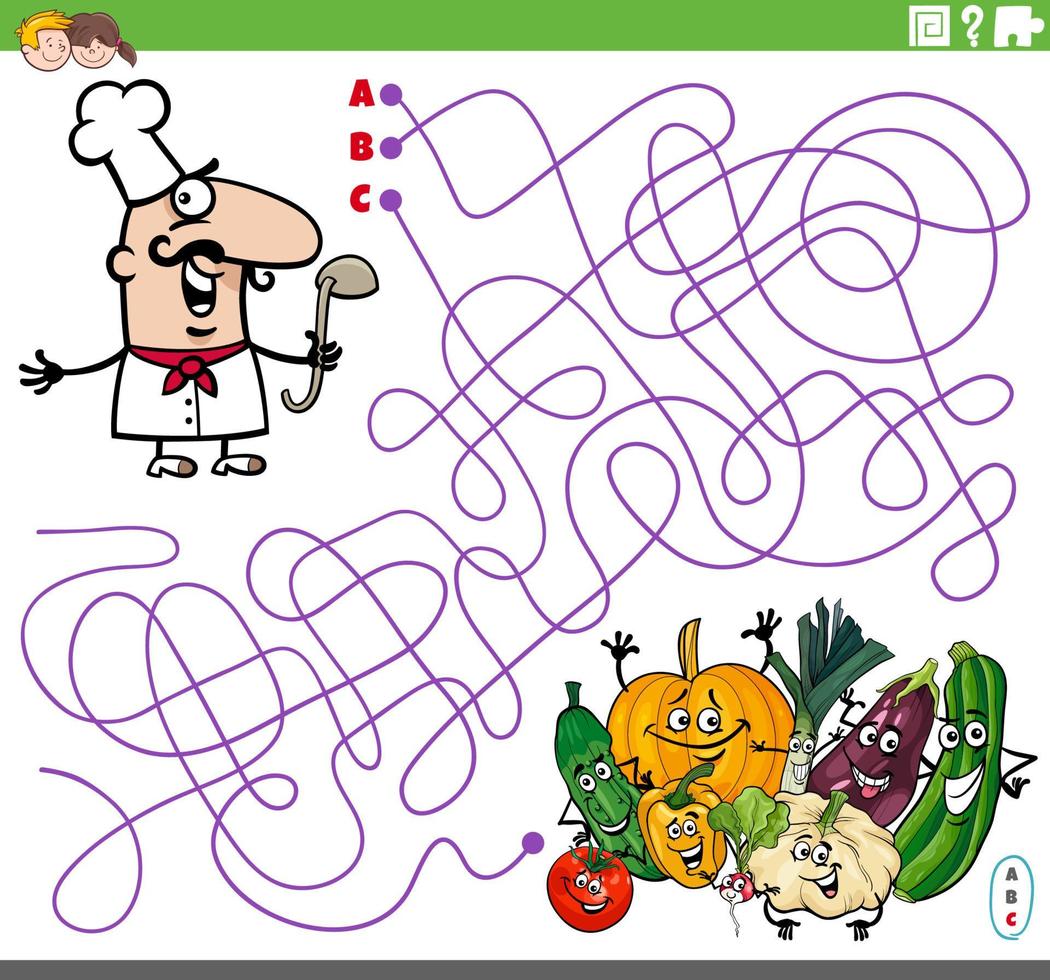 maze game with cartoon chef and vegetables vector