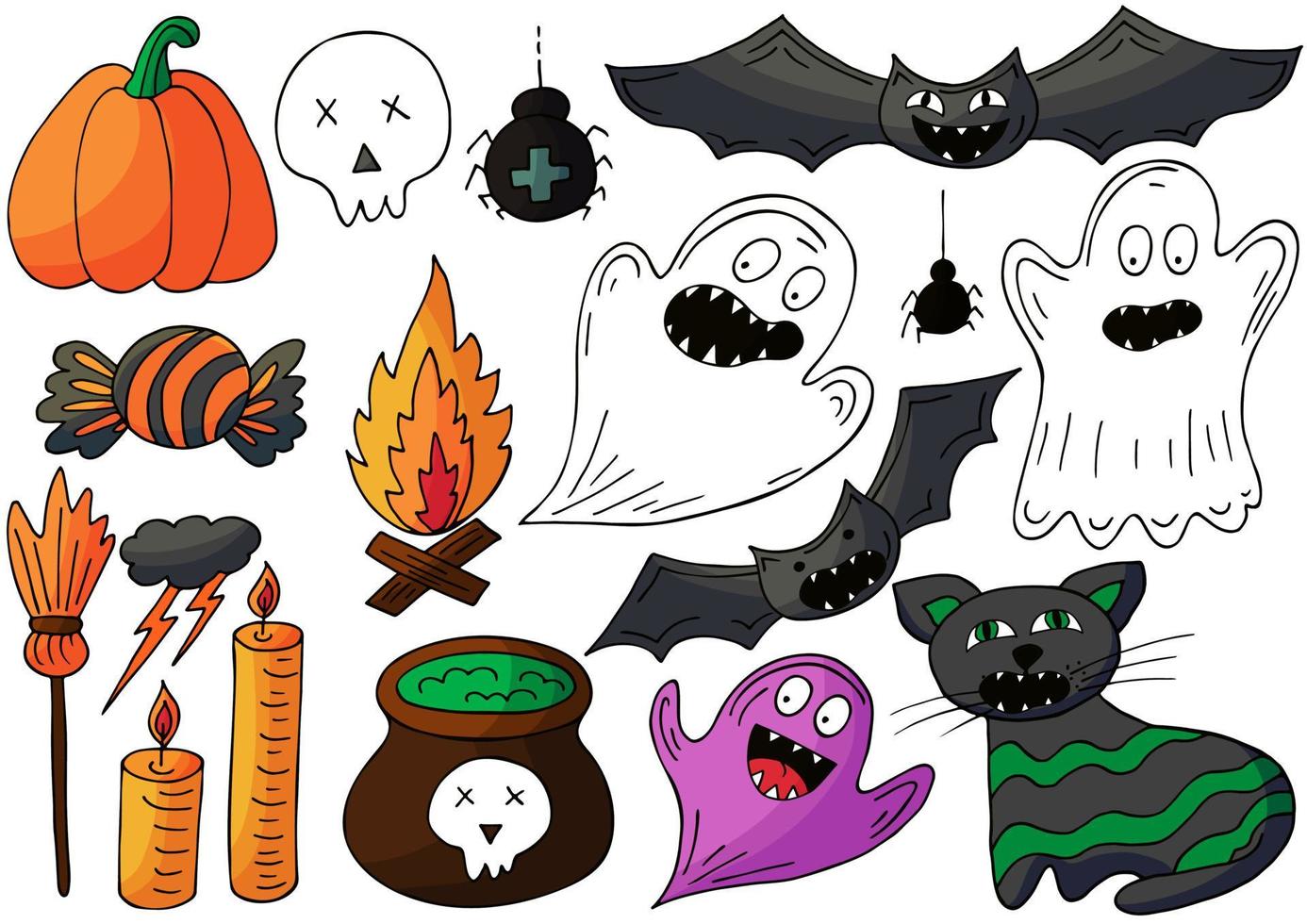 elementos de diseño de halloween en estilo de dibujo a mano vector