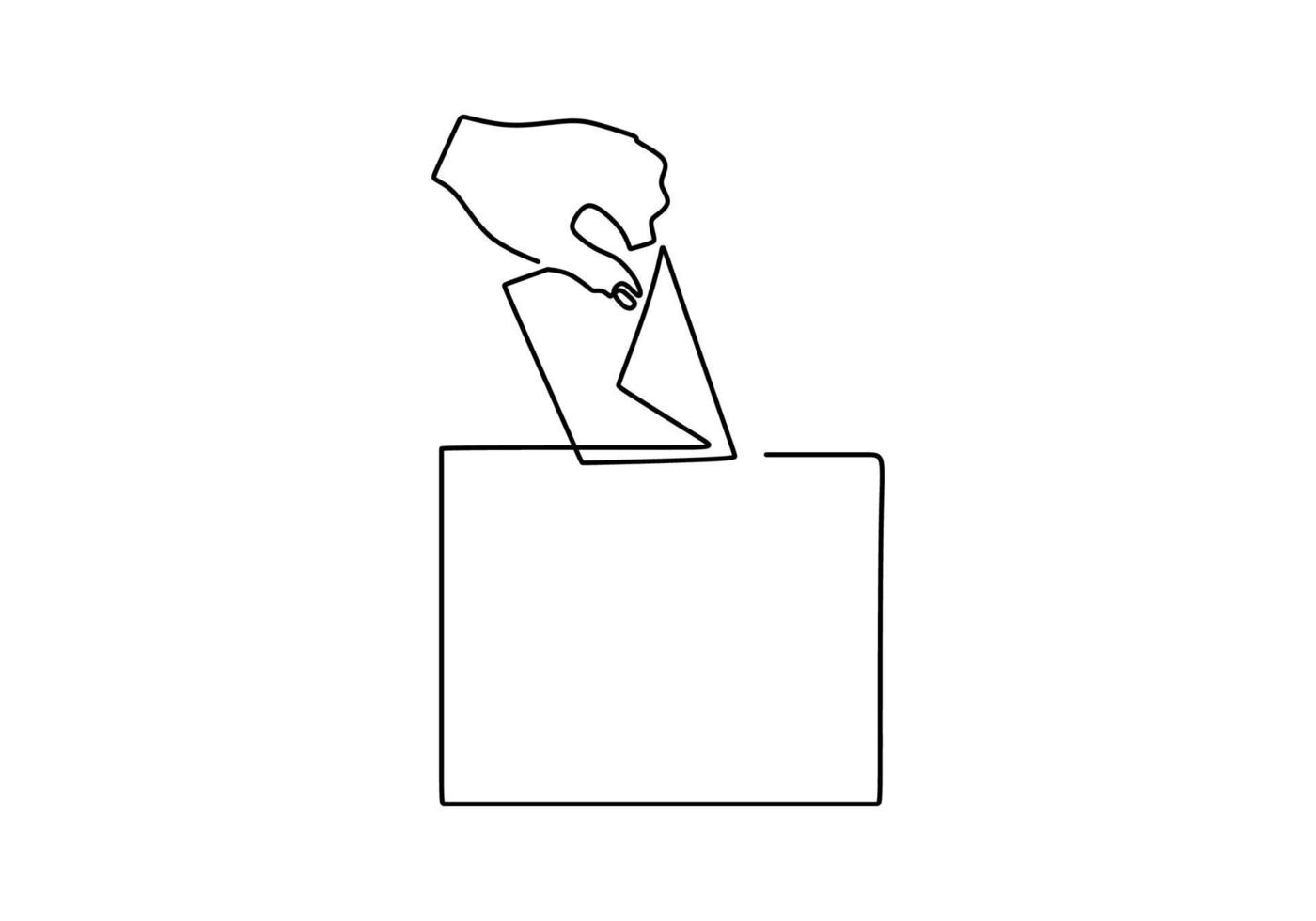 Continuous single line of left hand inserting vote paper into box. vector