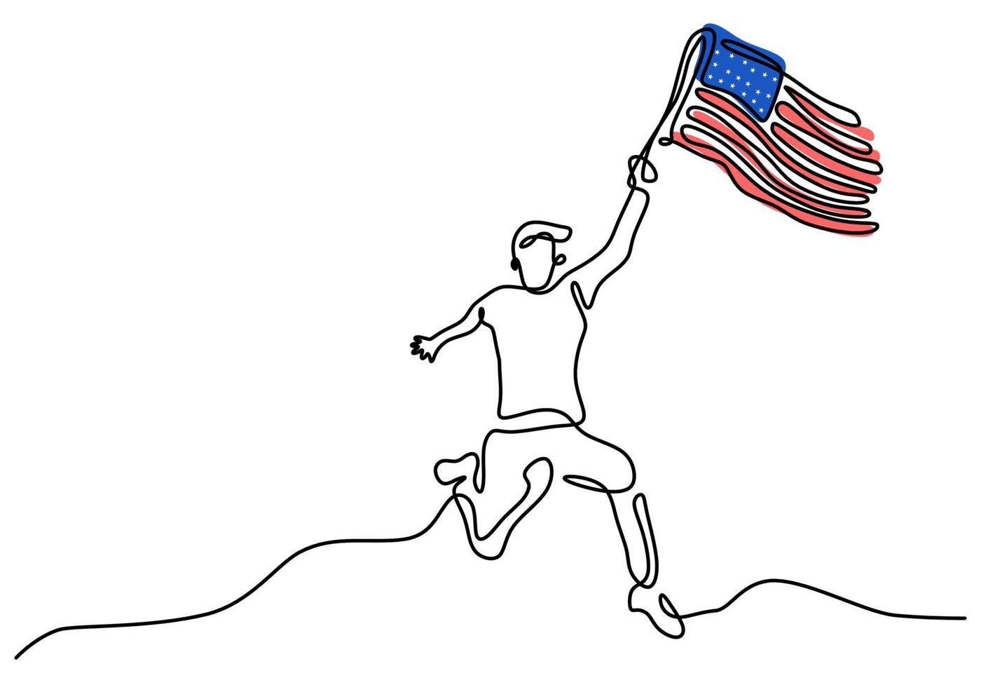 Continuous one line of patriot day background with a man flying flag vector