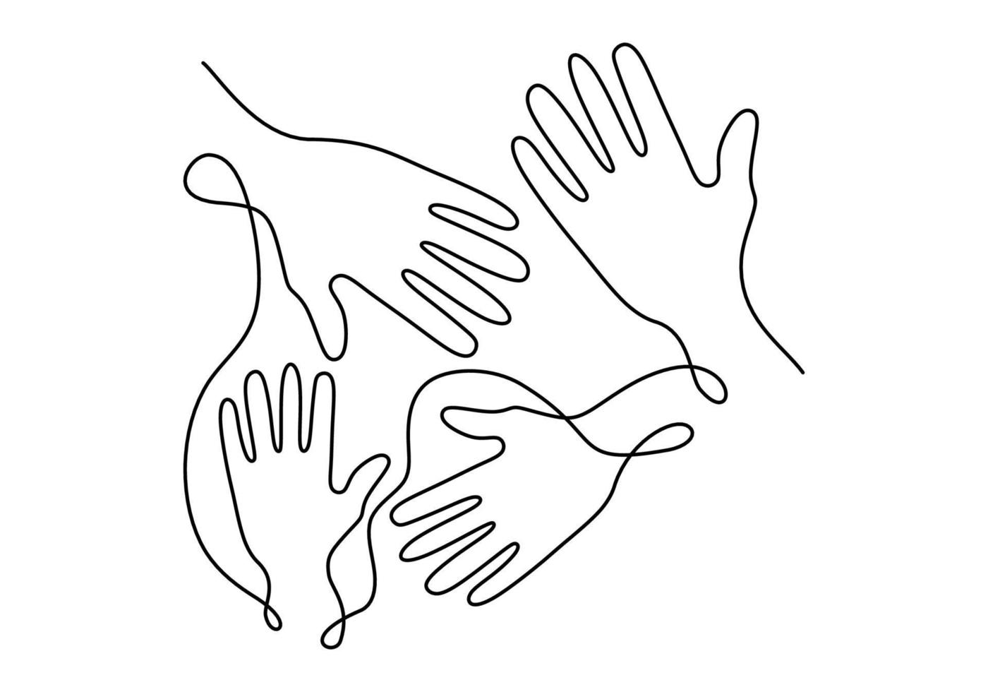 dibujo continuo de una línea de resumen abierto cuatro manos juntas vector