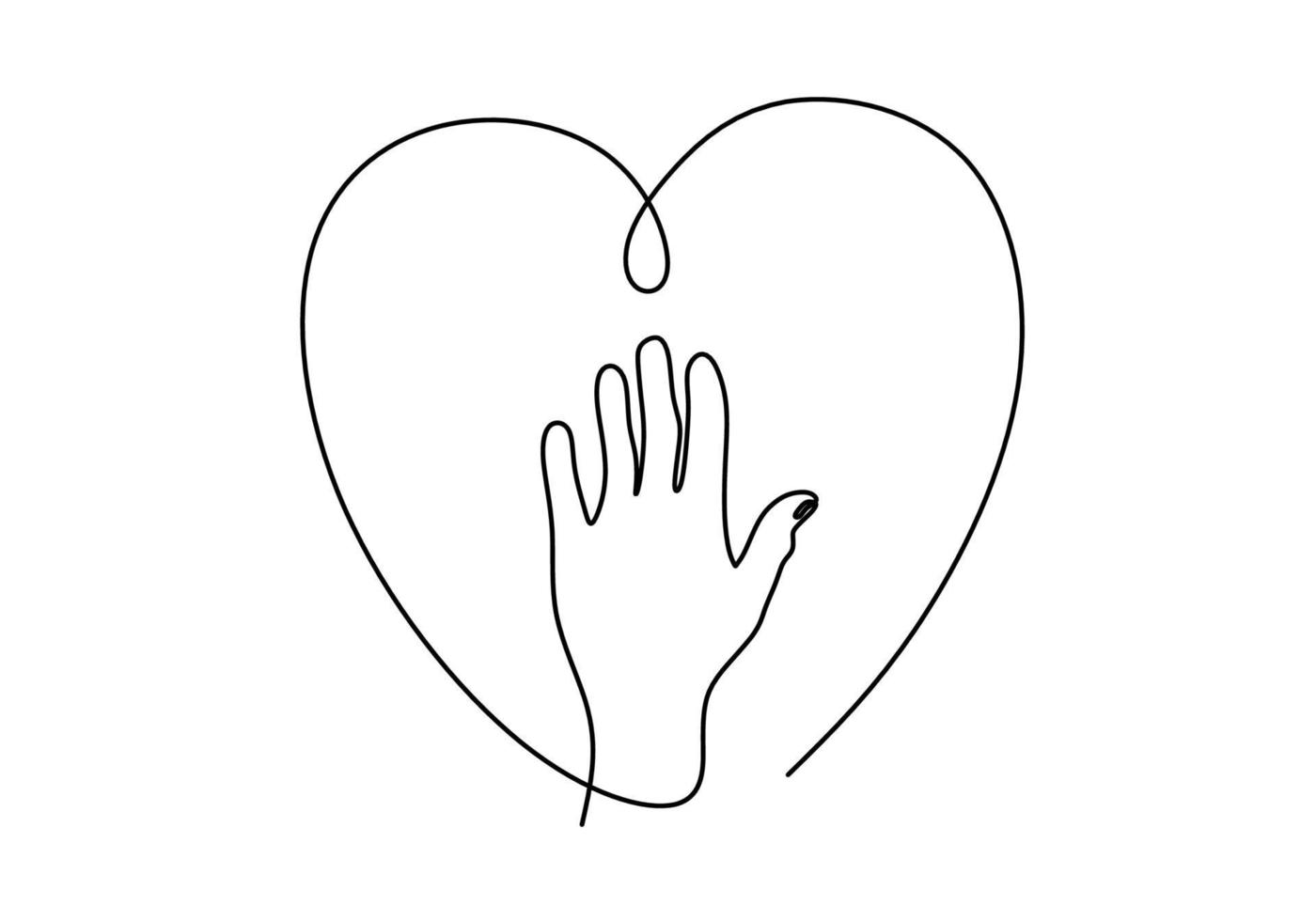 Continuous single line drawing of opened hand with heart shaped line vector