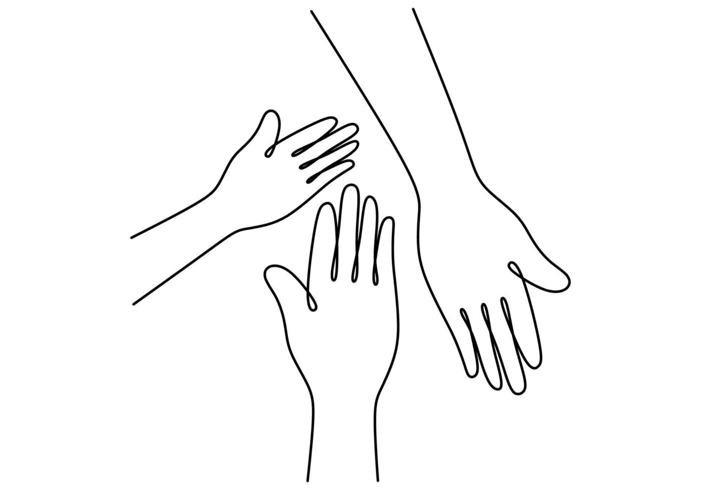 Continuous one line drawing of abstract opened three hands together. vector