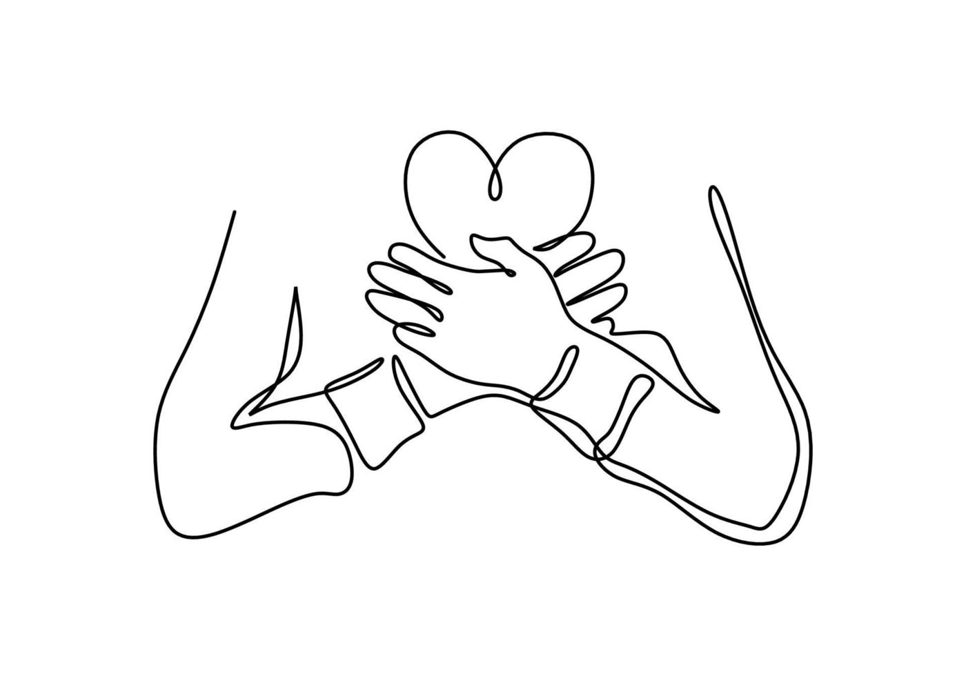 dibujo continuo de una línea de la mano cruzada en el pecho con forma de corazón vector