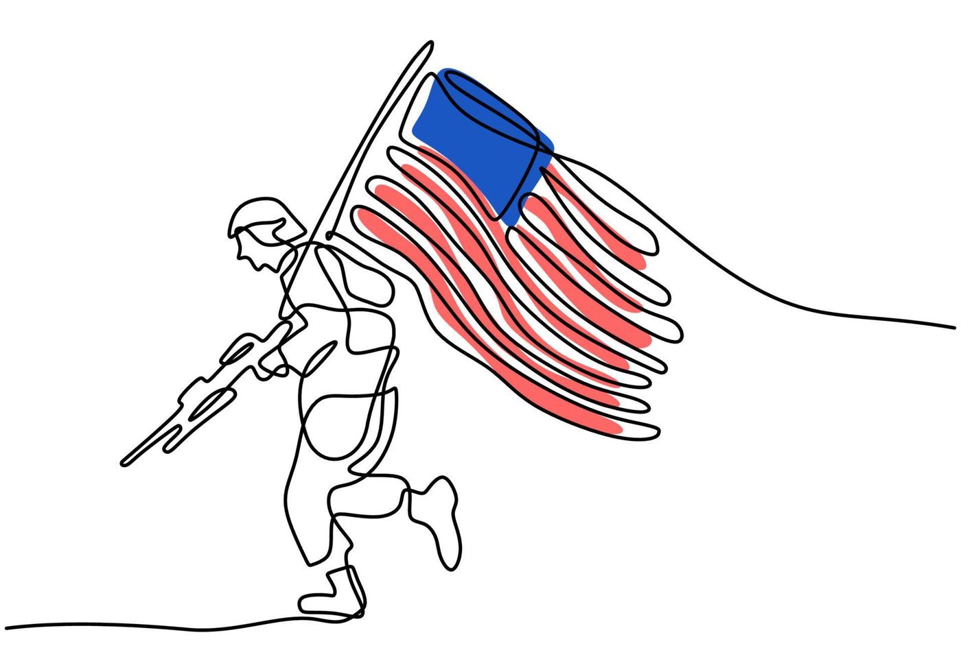 Continuous one line of patriot day with american flag running soldier vector
