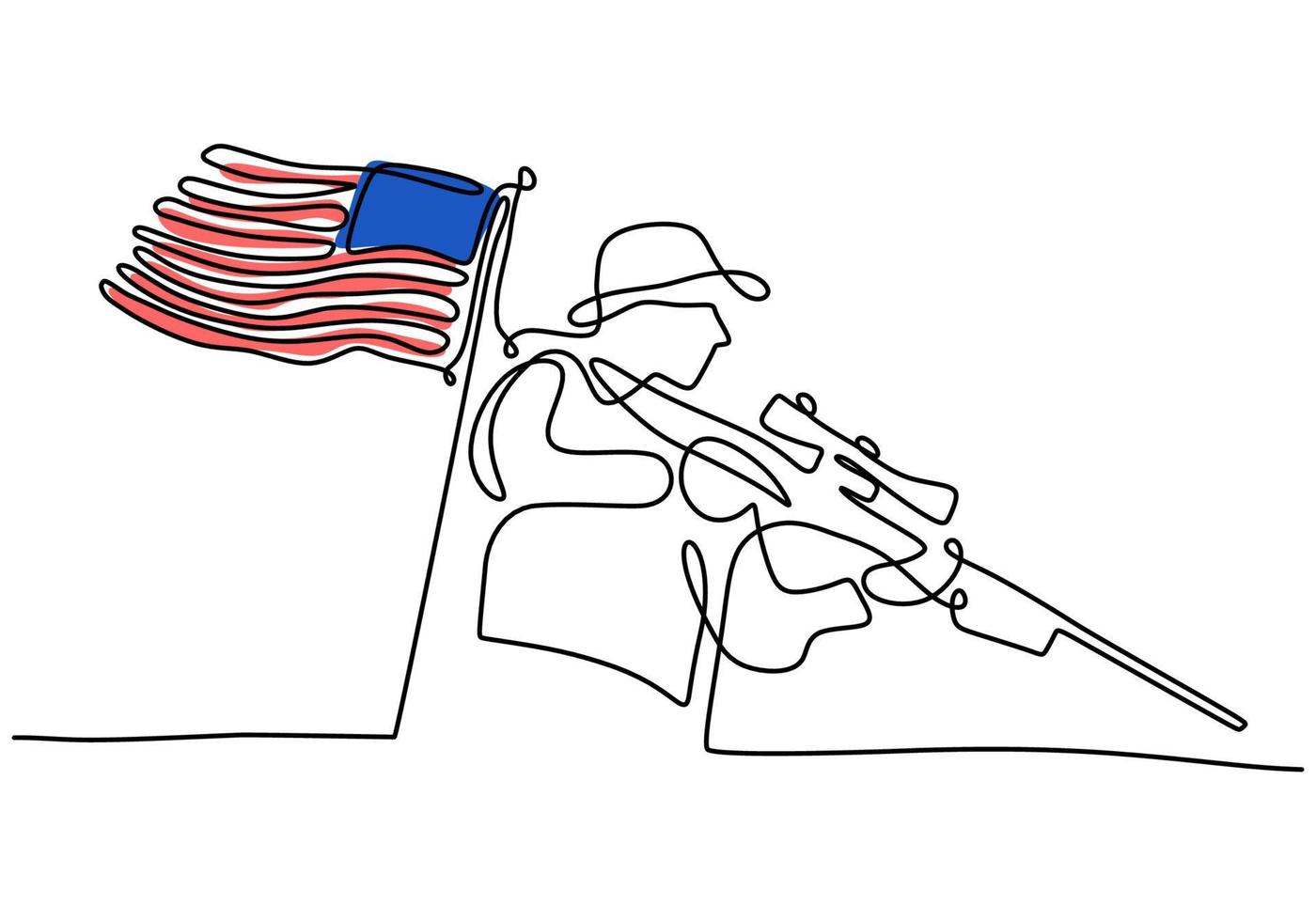 Continuous one line of patriot day with american flag and soldier vector