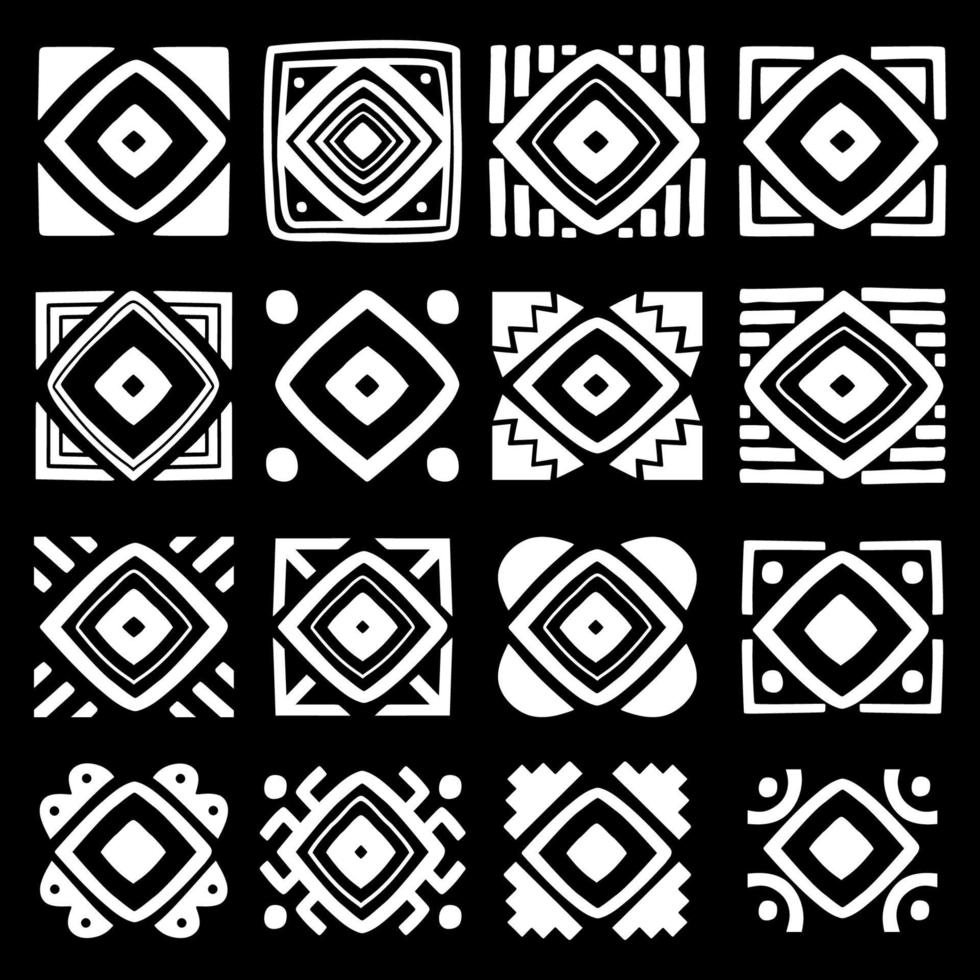 conjunto de azulejos tribales aislado sobre fondo negro. cuadrado tribal. vector