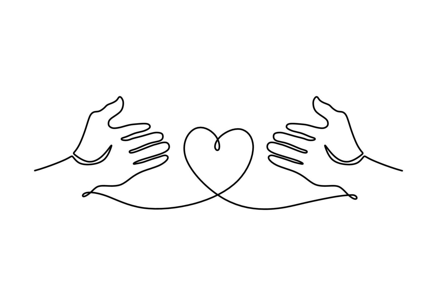 Continuous single line drawing of two opened hands with heart shaped vector