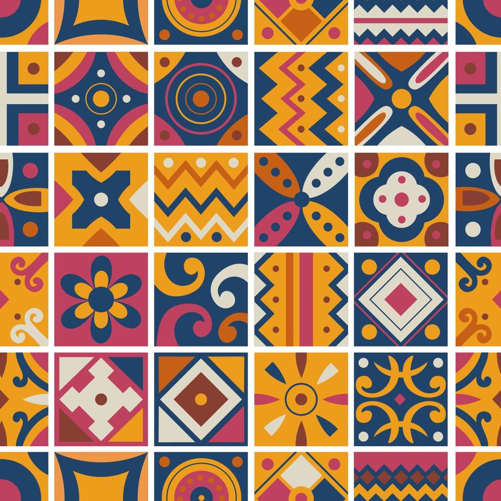 Seamless pattern of tribal tiles. Square tribal ornaments pattern vector
