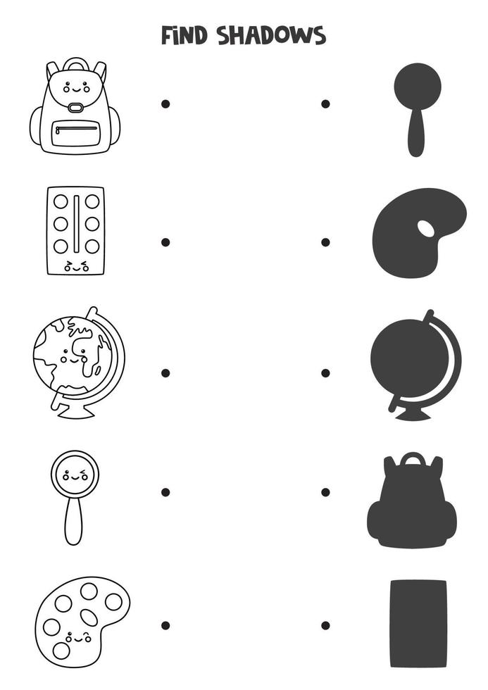 Find the correct shadows of black and white school supplies. vector