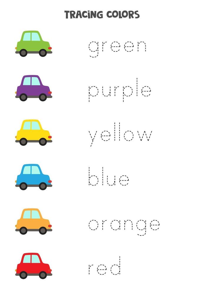 Tracing letters. Trace names of basic colors. Writing practice. vector