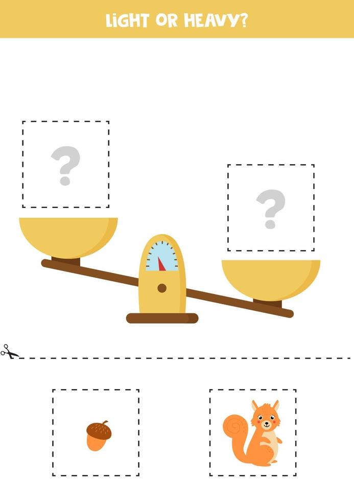 Light, heavy or equal. Cut pictures below and glue to the right box. vector