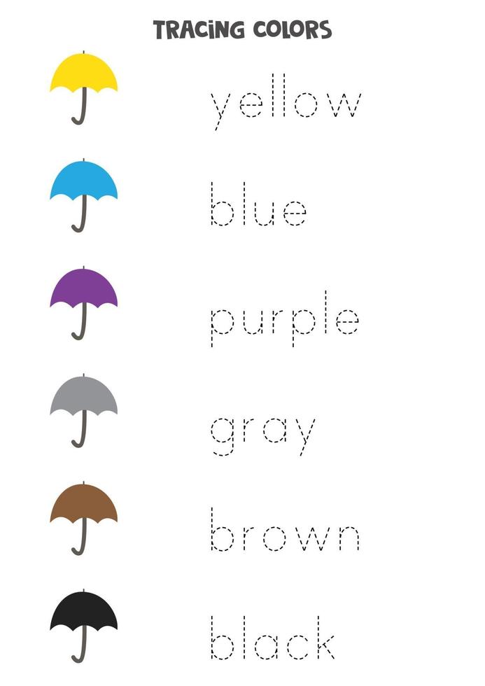 Tracing letters. Trace names of basic colors. Writing practice. vector