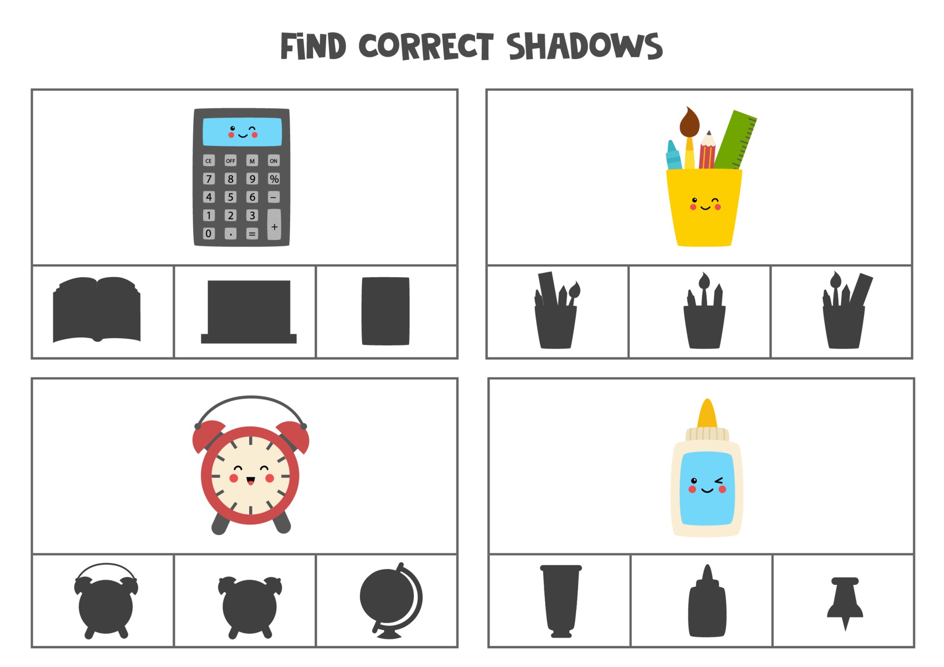find correct shadow of school supplies printable clip card games 3462953 vector art at vecteezy