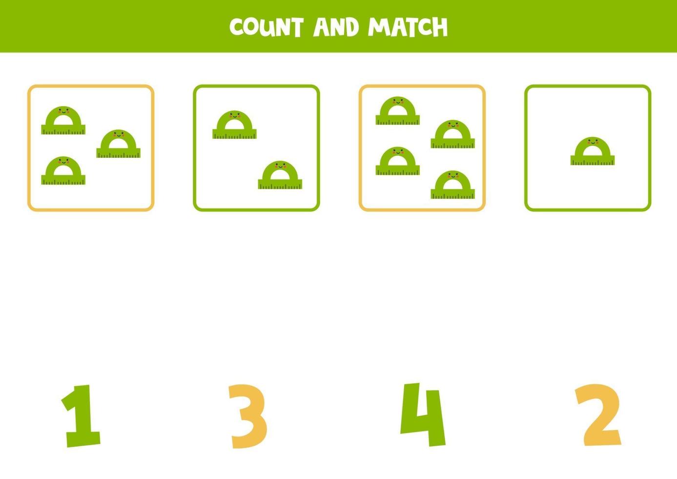 Counting game with cute rulers. Math worksheet. vector