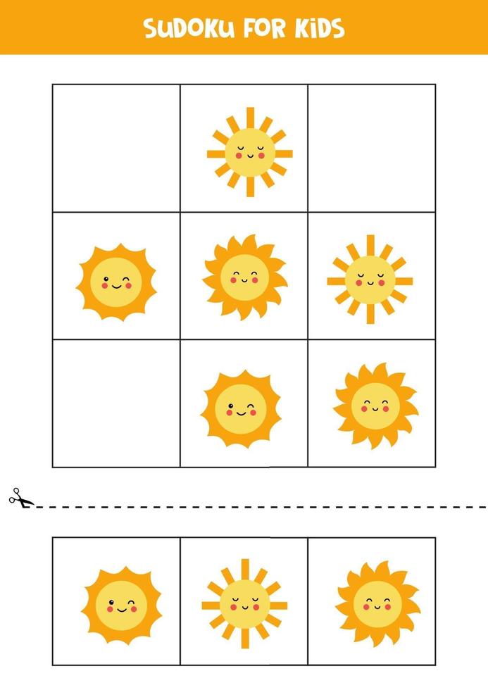 Sudoku game for kids with cute kawaii suns. vector