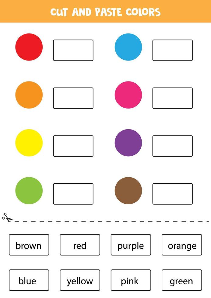 Cut names of colors and paste them. Worksheet for kids. vector