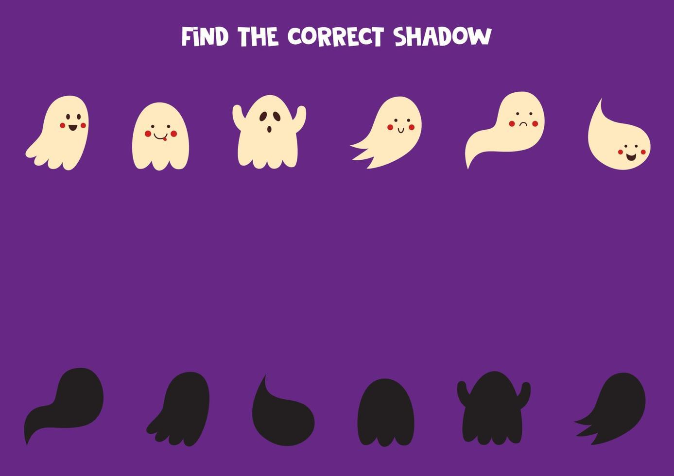 Find the correct shadows of cute ghosts. Logical puzzle for kids. vector