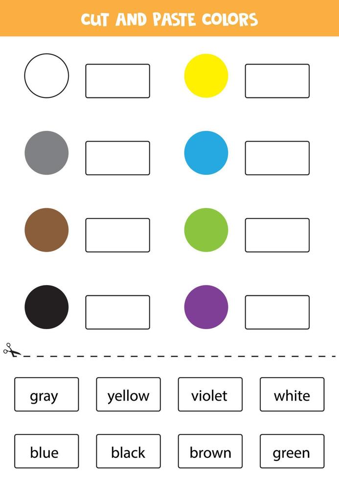 Cut names of colors and paste them. Worksheet for kids. vector