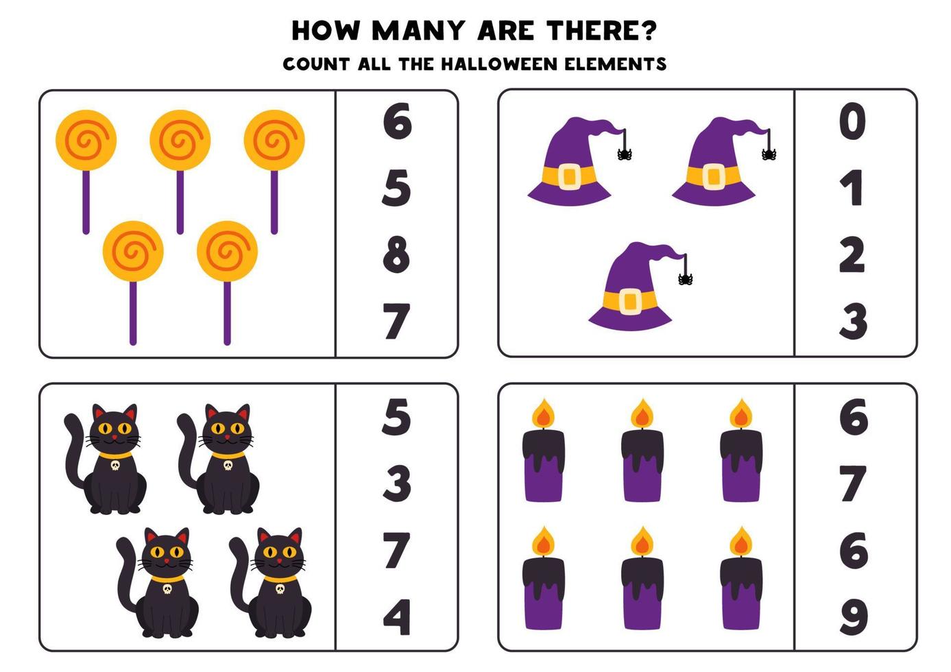 Counting game with Halloween pictures. Math worksheet. vector